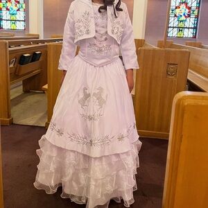 Elegant White First Communion Dress with Silver Embroidery